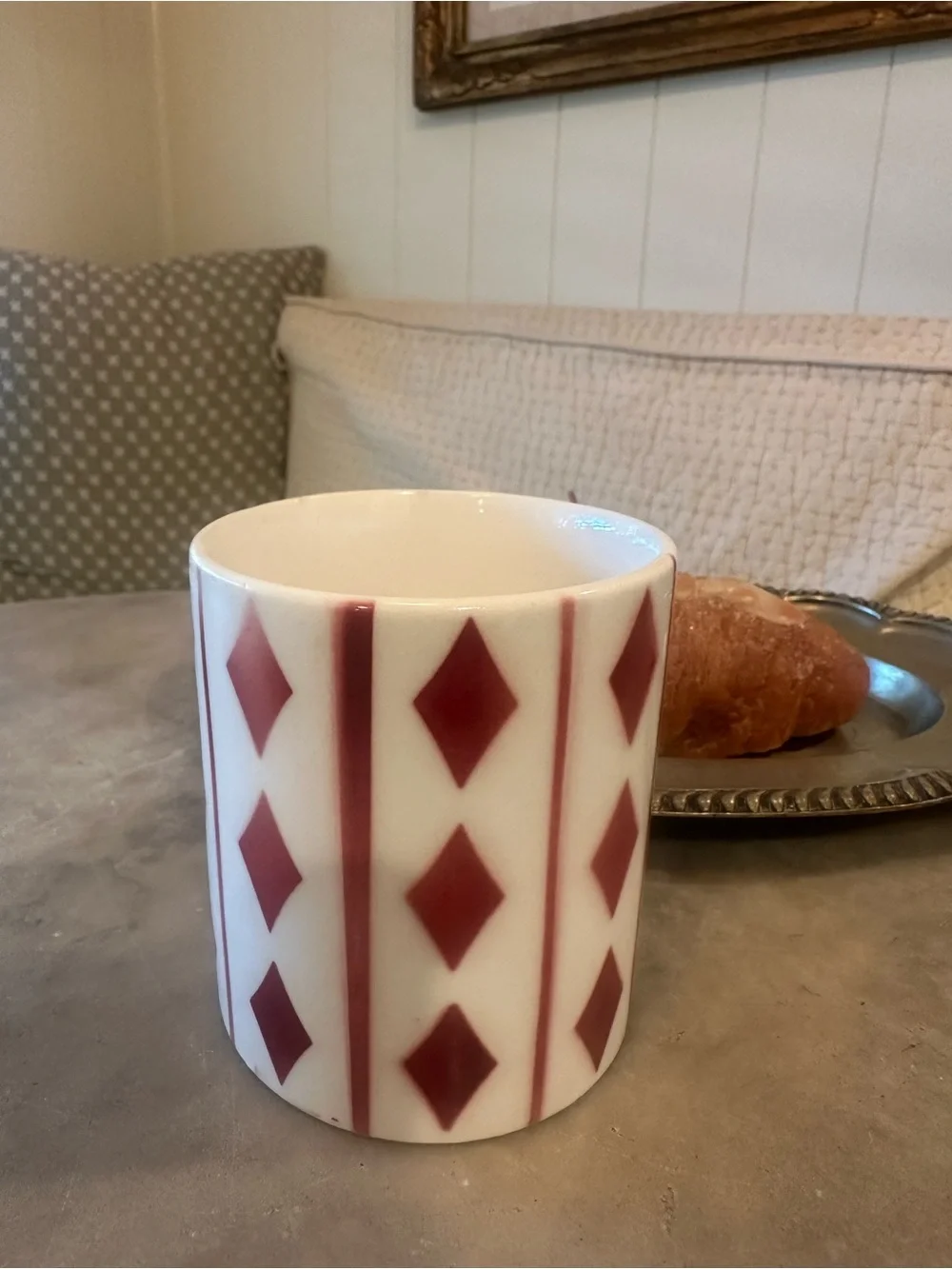 Vintage Hand painted Ceramic Mug with Red Diamond Pattern